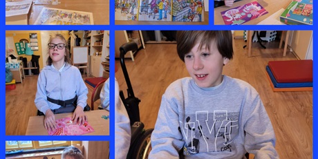 Powiększ grafikę: Kolaż 6 zdjęć z wizerunkami uczniów układających przy stoliku puzzle wieloelementowe.