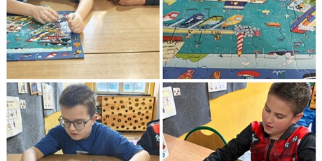 Powiększ grafikę: Kolaż 4 zdjęć. Na trzech zdjęciach zbliżenia uczniów układających puzzle wieloelementowe. Na 1 zdjęciu zbliżenie puzzli, port i przystań, ułożone puzzle praca zbiorowa.