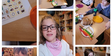 Powiększ grafikę: Kolaż z 6 zdjęciami. 1 zdjecie symbole PCS i produkty na kanapki. 2 zdjęcia uczniowie przygotowujący kanapki. 2 zdjęcia uczniowie pokazujący przygotowane kanapki.