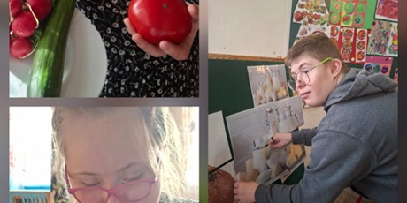 Powiększ grafikę: Kolaż 5 zdjęć. 1 zdjęcie uczennica pokazuje zdrowe warzywa na kanapkę. 2 zdjęcia uczniowie w zeszycie wklejają zdrowe produkty. 2 zdjęcia uczniowie na tablicy przyczepiają plansze z grupami pokarmowym