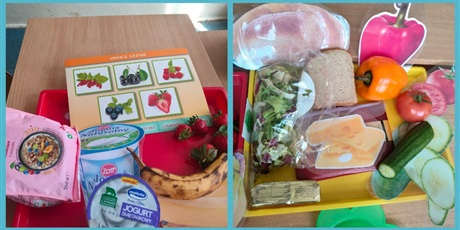 Powiększ grafikę: Kolaż 9 zdjęć. 4 zdjęcia prezentują zdrową żywność, zalaminowane pomoce i obrazki PCS i Mówika. 3 zdjęcia pokazują jak ręce przygotowują owsiankę. 2 zdjęcia uczniowie robią zdrowe kanapki.