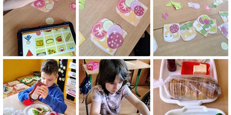 Powiększ grafikę: Kolaż 6 zdjęć. 1 zdjęcie pokazuje zdrowe produkty na kanapkę. 2 zdjęcia uczniowie przygotowują zdrowe kanapki. 3 zdjęcia komponują kanapkę z zalaminowanych pomocy i pokazują na Mówiku.
