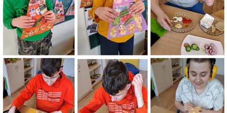 Powiększ grafikę: Kolaż 6 zdjęć. 2 zdjęcia uczniowie pokazują wykonaną przez siebie piramidę pokarmową. 2 zdjęcia przygotowują kanapki. 2 zdjęcia przygotowują kanapkę z zalaminowanymi pomocami i wskazują na Mówiku.