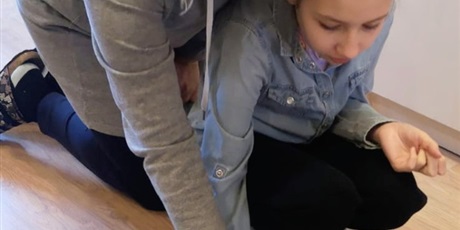 Powiększ grafikę: Pani i dziewczynka pracują na dywanie Montessori na podłodze. Dziewczynka składa pocięty obrazek buraka oznaczony cyframi. Układa cyfry w kolejności od 1 do 5 tak żeby powstał burak.