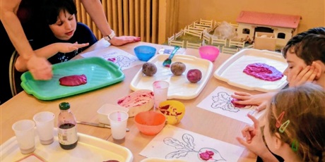 Powiększ grafikę: Dzieci pracują przy dwóch złączonych stołach. Na stole rozłożone są tace z masą sensoryczną buraczka, kubeczki plastikowe i sok z buraczka do podzielenia. Dzieci wylepiają kontur buraka masą.